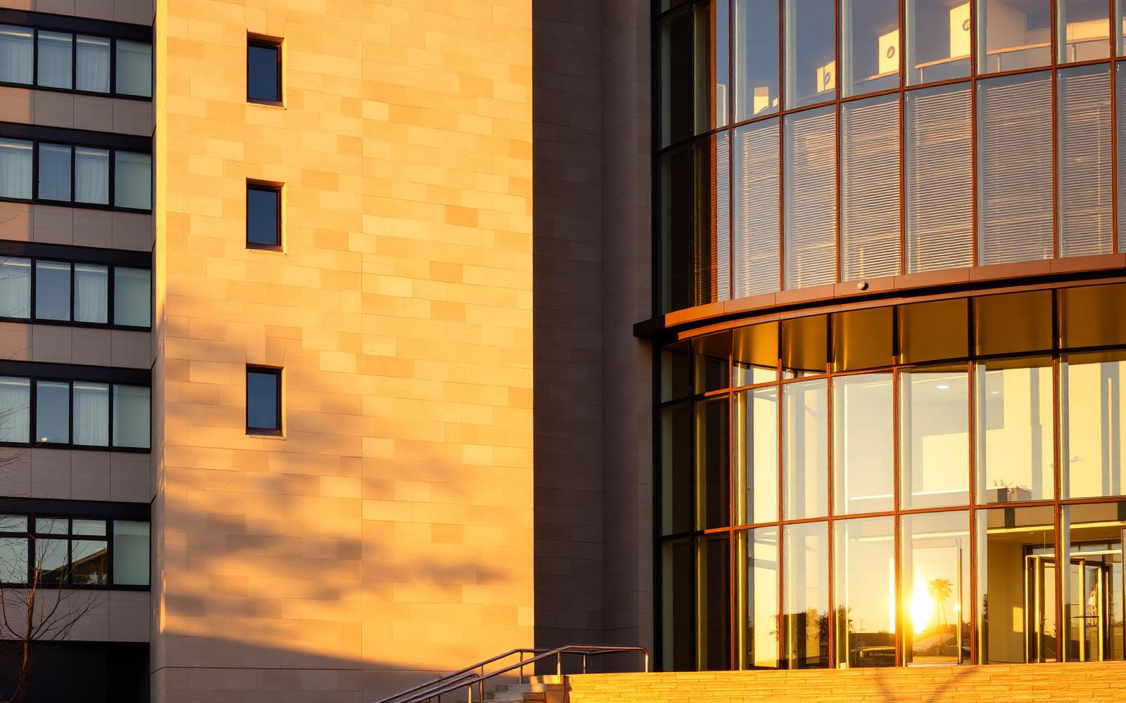 University campus sandstone and glass facade at golden hour