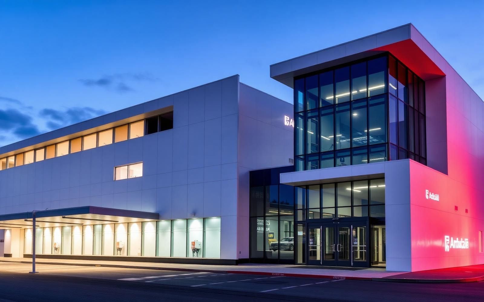 Modern Australian hospital exterior at dusk with emergency entrance lit