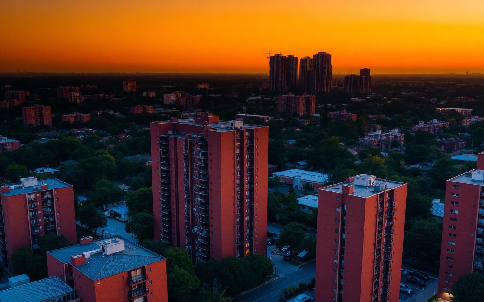 Australian social housing mid-rise residential blocks at dusk