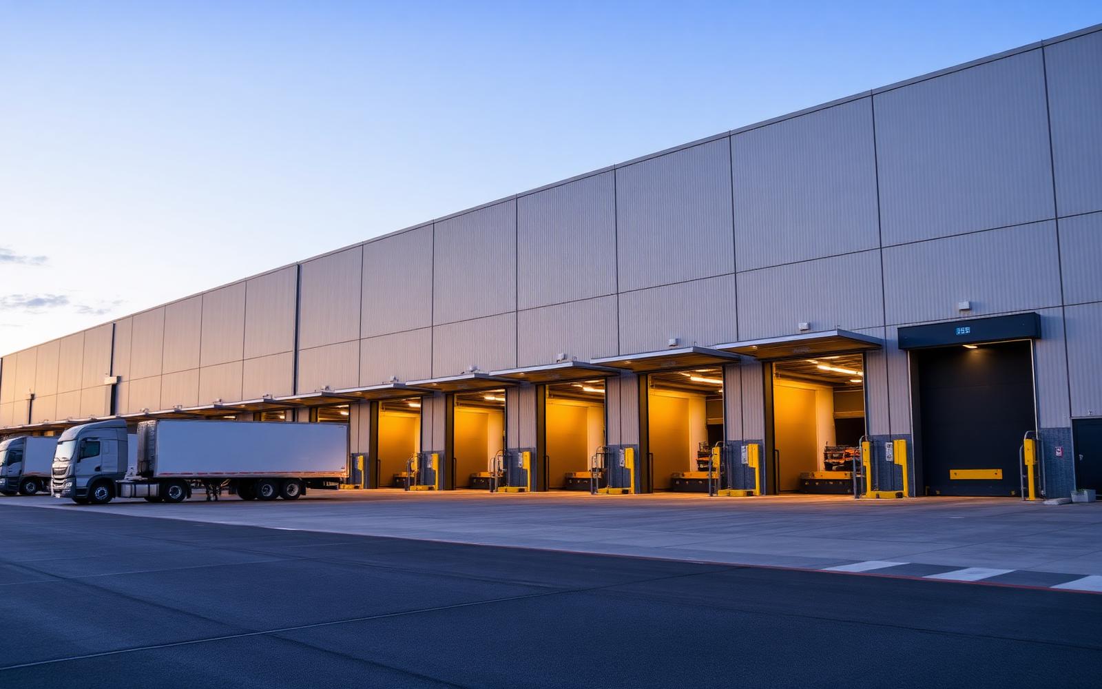 Modern Australian logistics warehouse with multiple loading docks at dusk