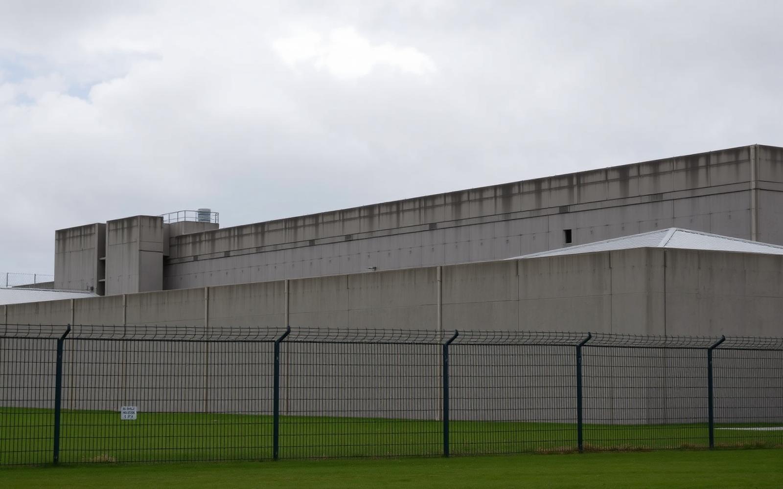 Secure correctional facility perimeter wall and fencing under overcast sky